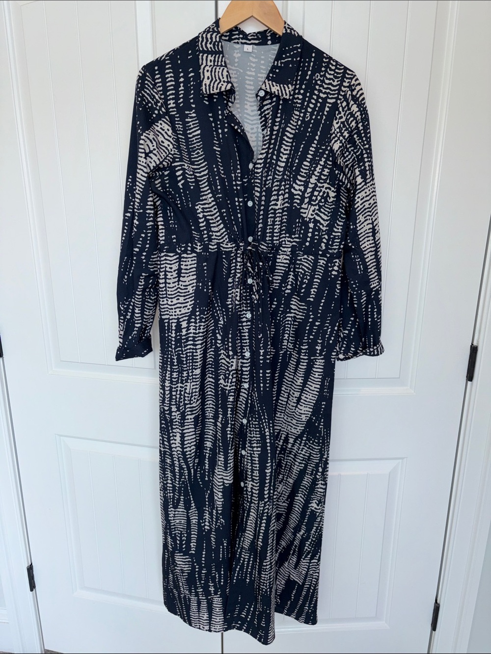 Women's Navy and White Printed Button-Front Shirt Dress
